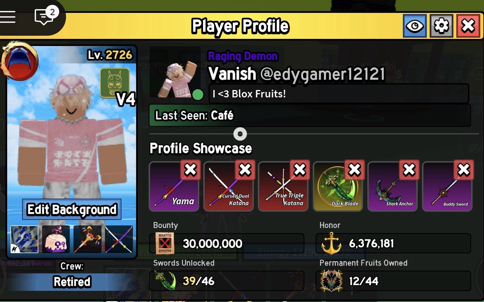 Blox Fruits Permanent Profile Showcase, High Level, Rare Swords, selling for 500