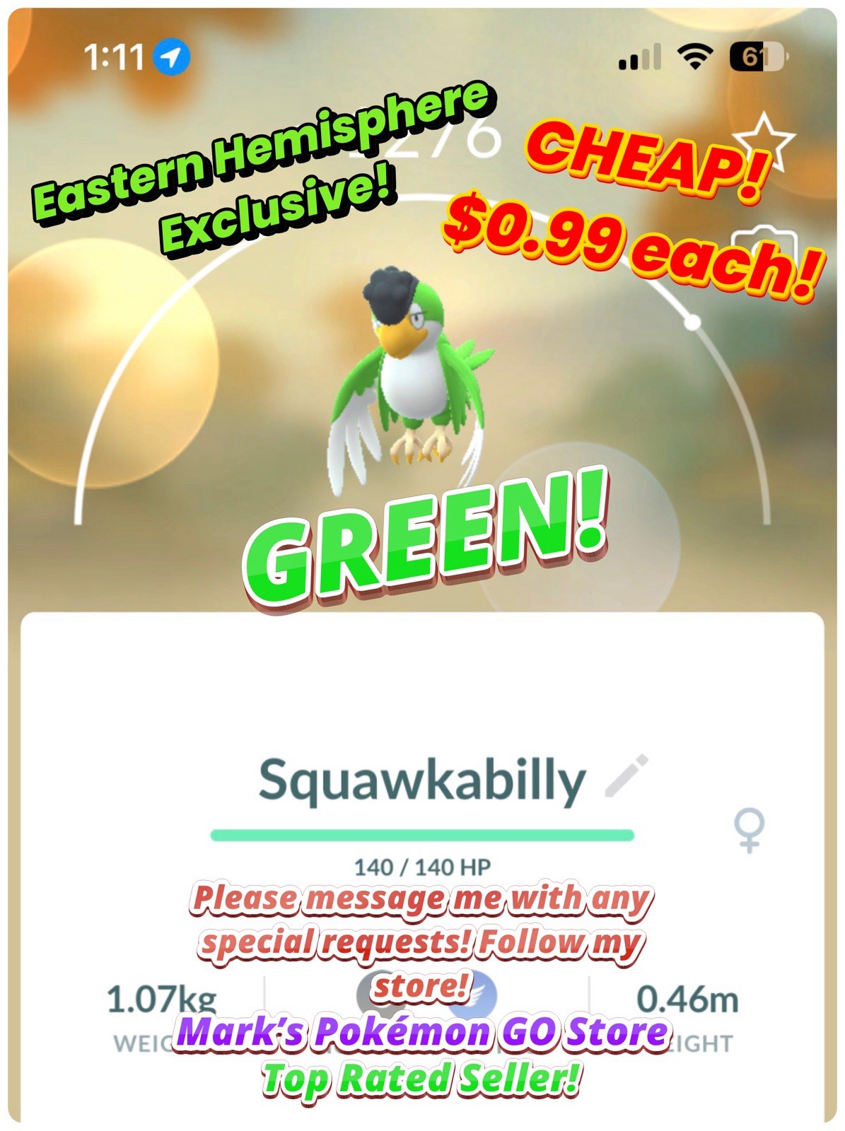 Pokémon🟢Green Squawkabilly🟢Eastern Hemisphere Exclusive!🟢$0.99 Each!🟢Go
