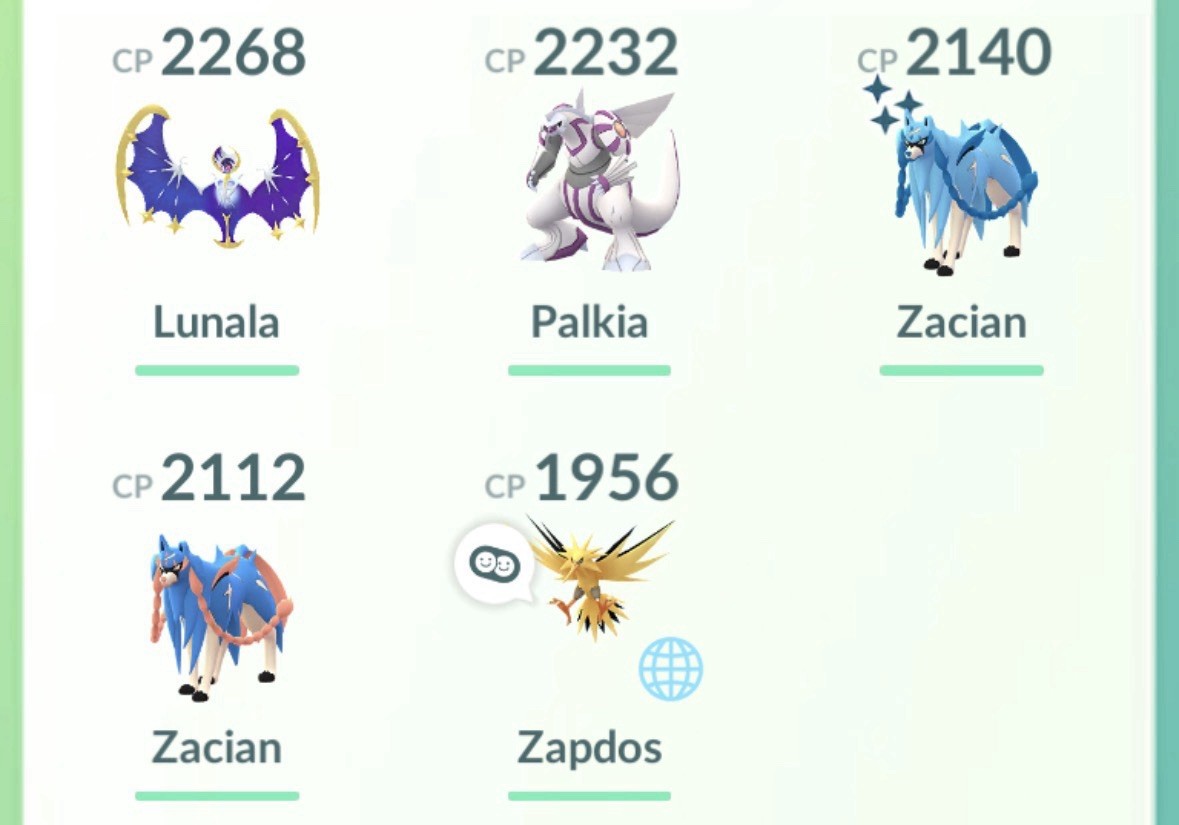 Pokémon GO Android/iOS AR RPG Multiplayer Lunala Palkia Zacian x2 Zapdos