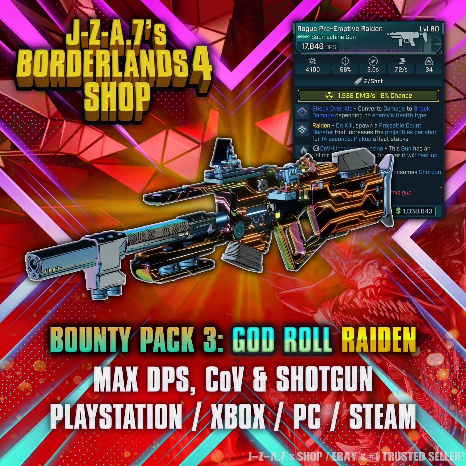 Borderlands 4✨RAIDEN SMG PEARLESCENT LEVEL 60 GOD ROLL GEAR BL4✅PC-PS-XBOX✨