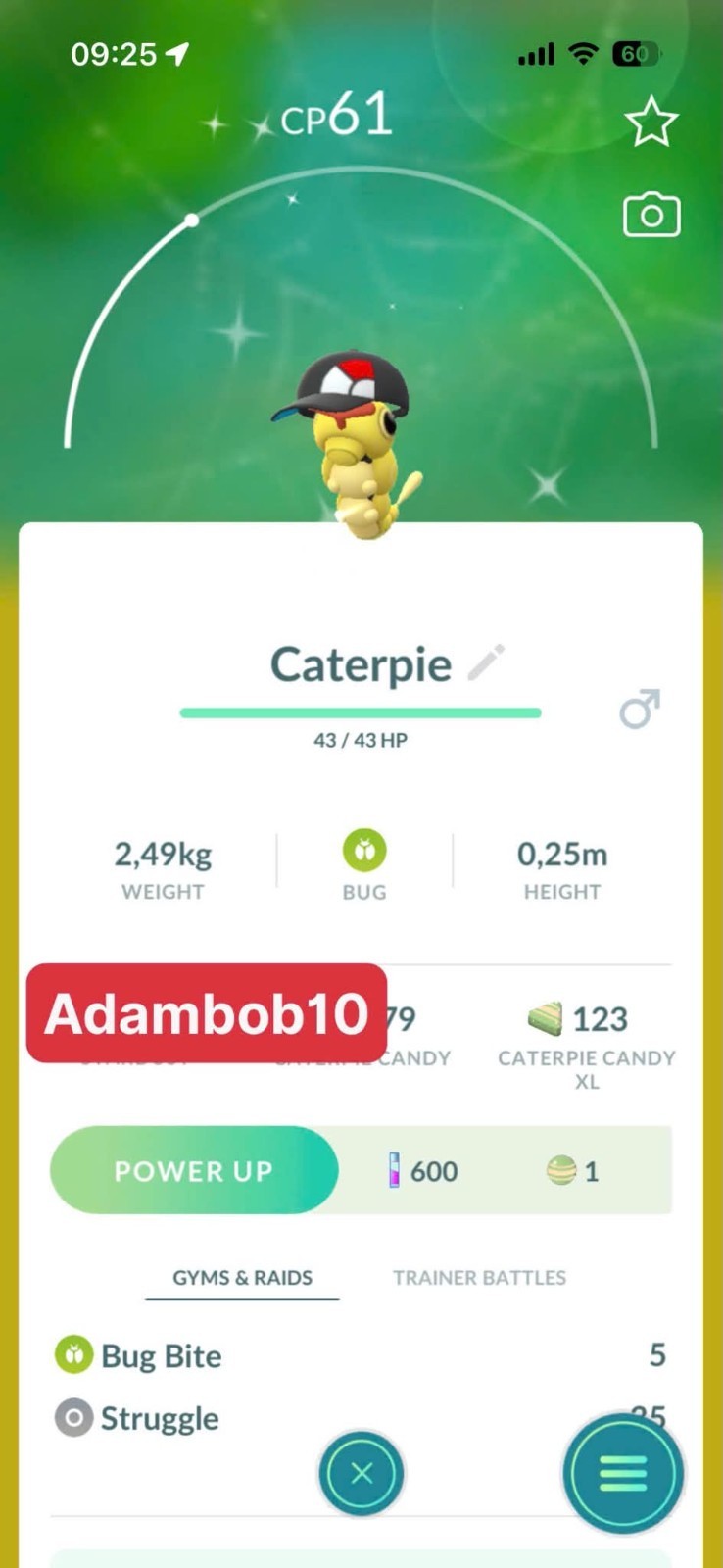 Pokémon Go – Shiny Caterpie wearing a Poké Ball hat- Trade 20K Stardust