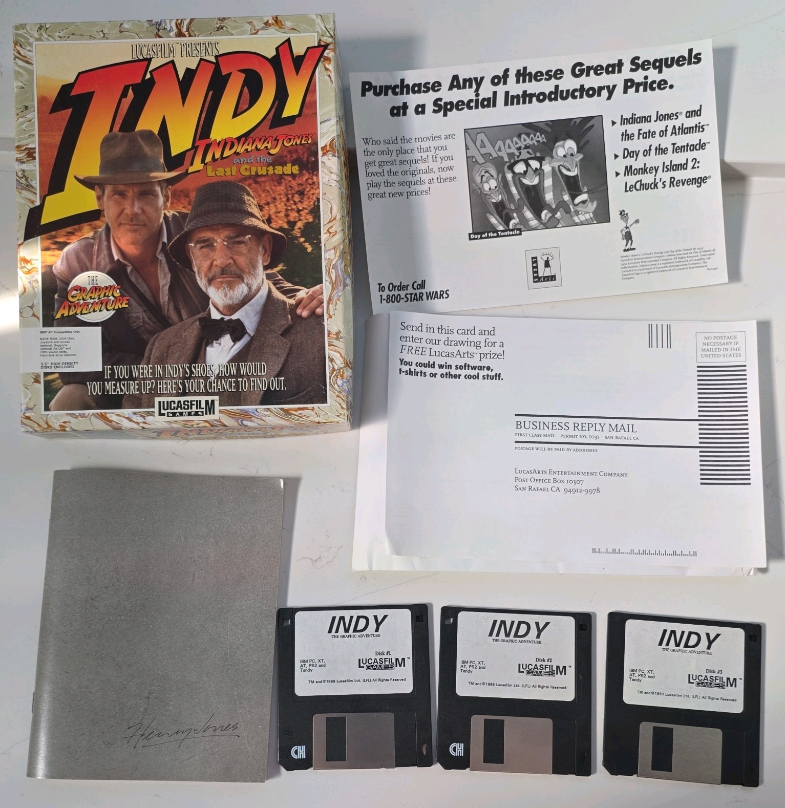 Indiana Jones Last Crusade PC Big Box Lucasfilm Vintage Floppy W/ Grail Diary