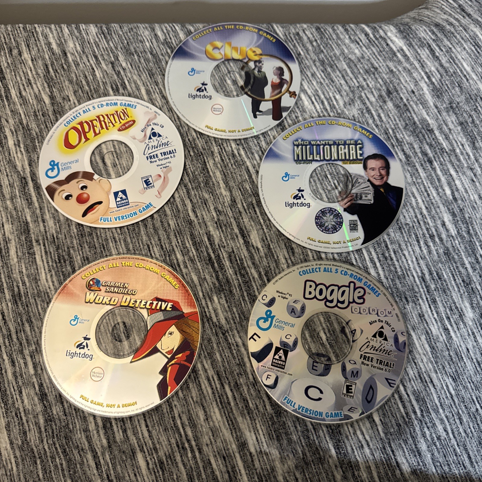 General Mills PC 5 Game Lot Operation Clue Carmen SanDiego Boggle Millionaire