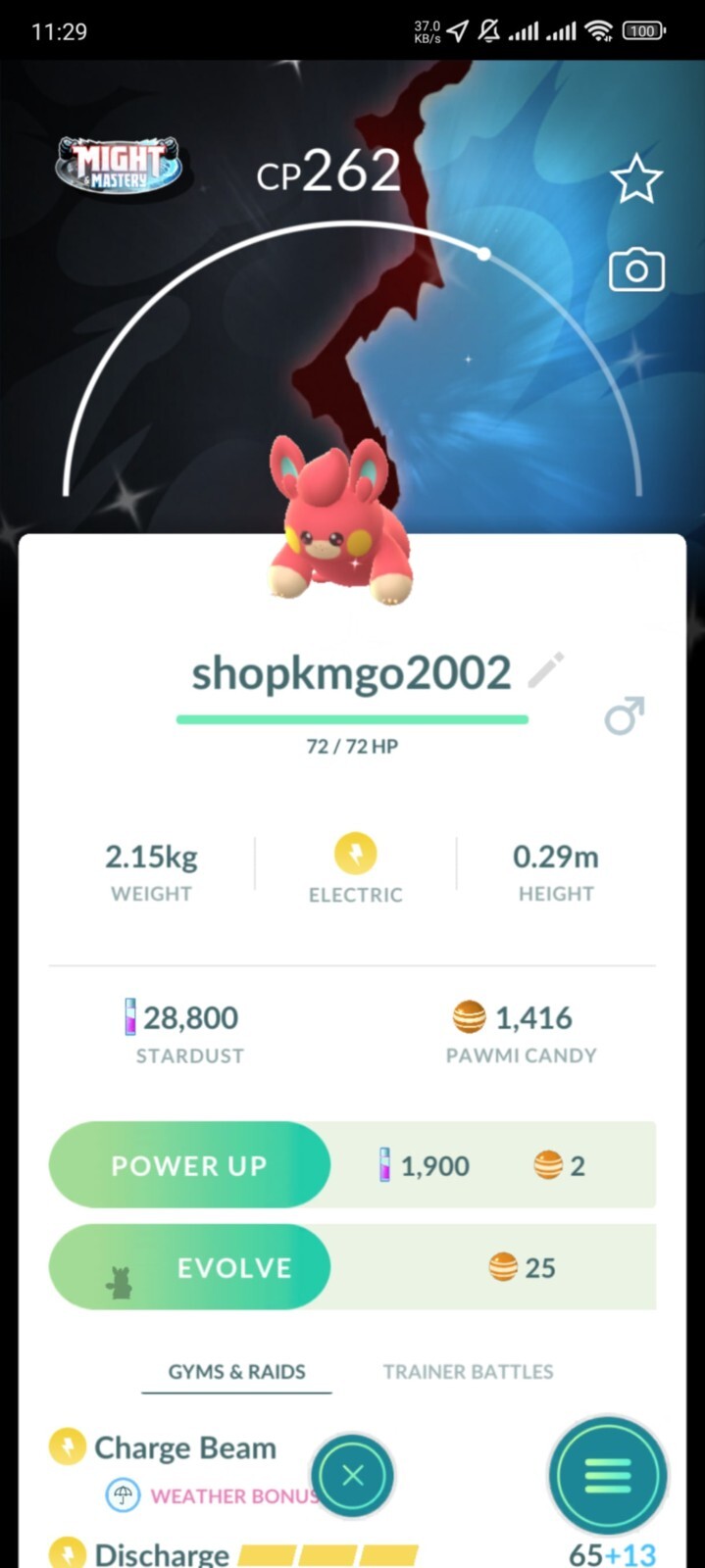 Pokémon Tra de Go- Shiny Pawmi with BG Might & Mastery -Mini P T C