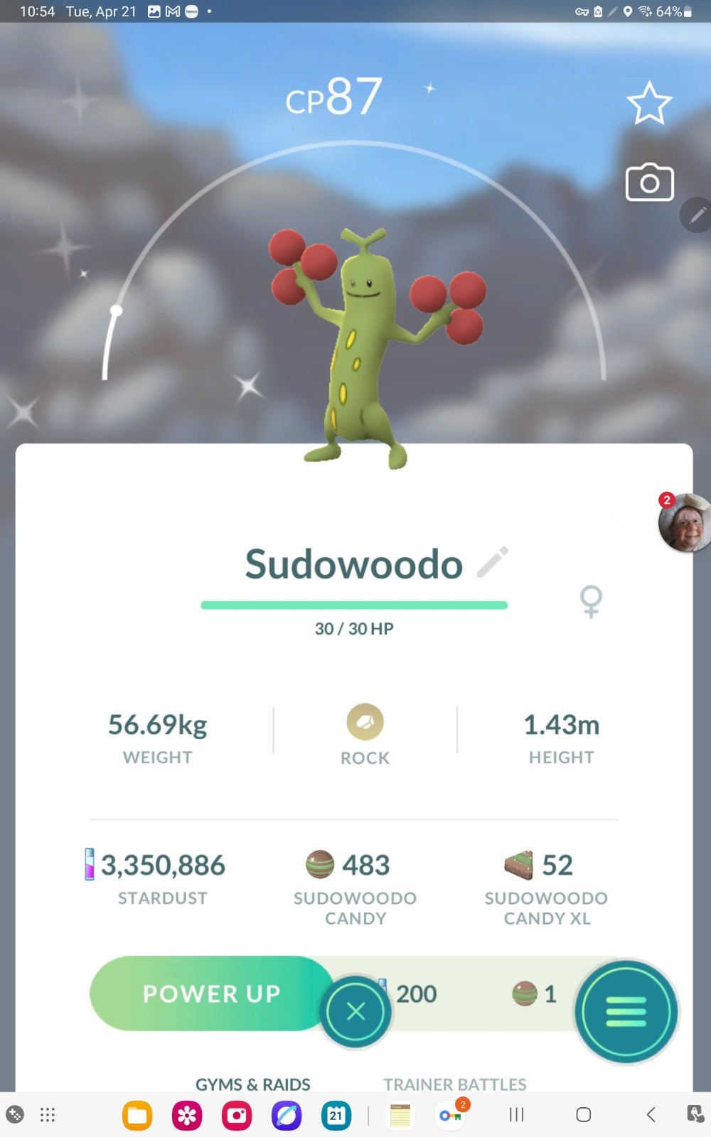 Shiny Sudowoodo in GO. Custom OT to Home read description