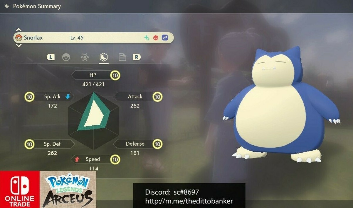 Pokemon Legends Arceus SHINY SNORLAX LV.45 ALPHA✨MAX Effort Levels Fast Trade