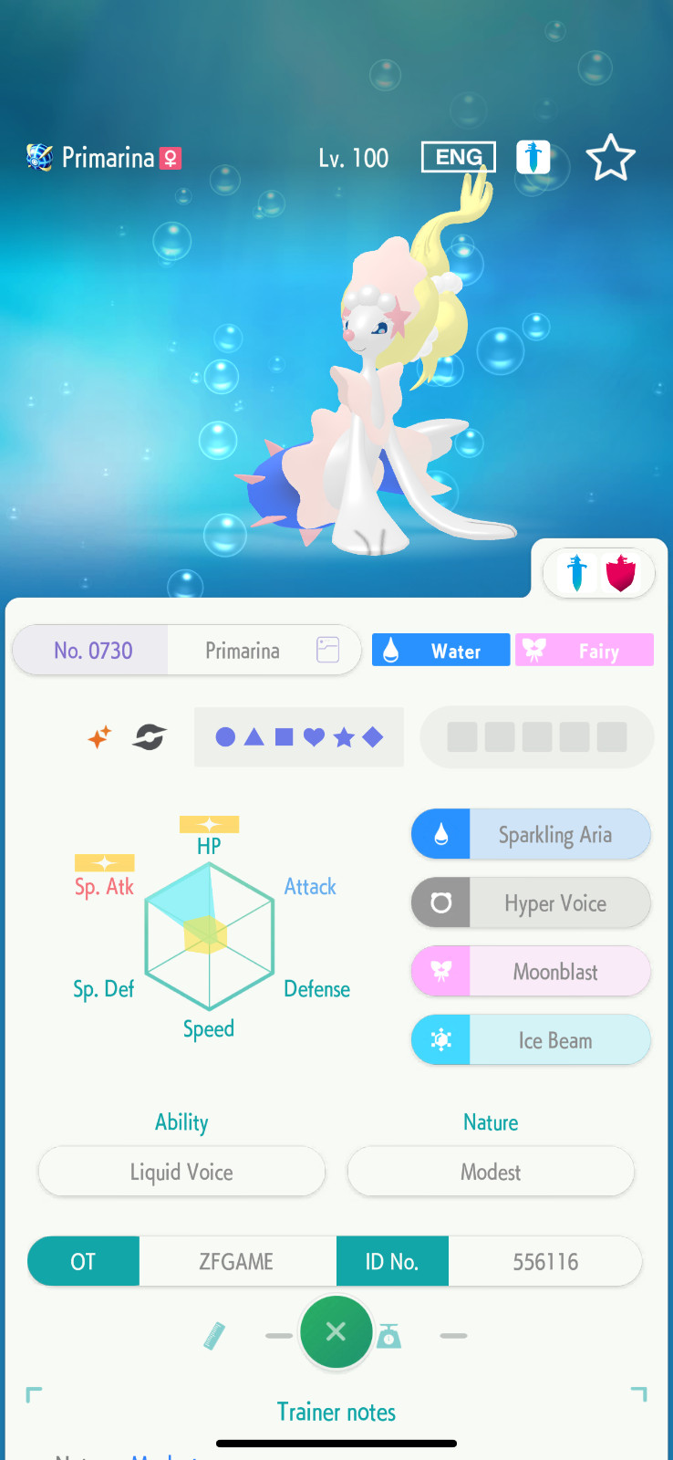 ✨6IV SHINY Primarina + EVS🚀 POKEMON HOME✨Champions✨Online delivery⚡