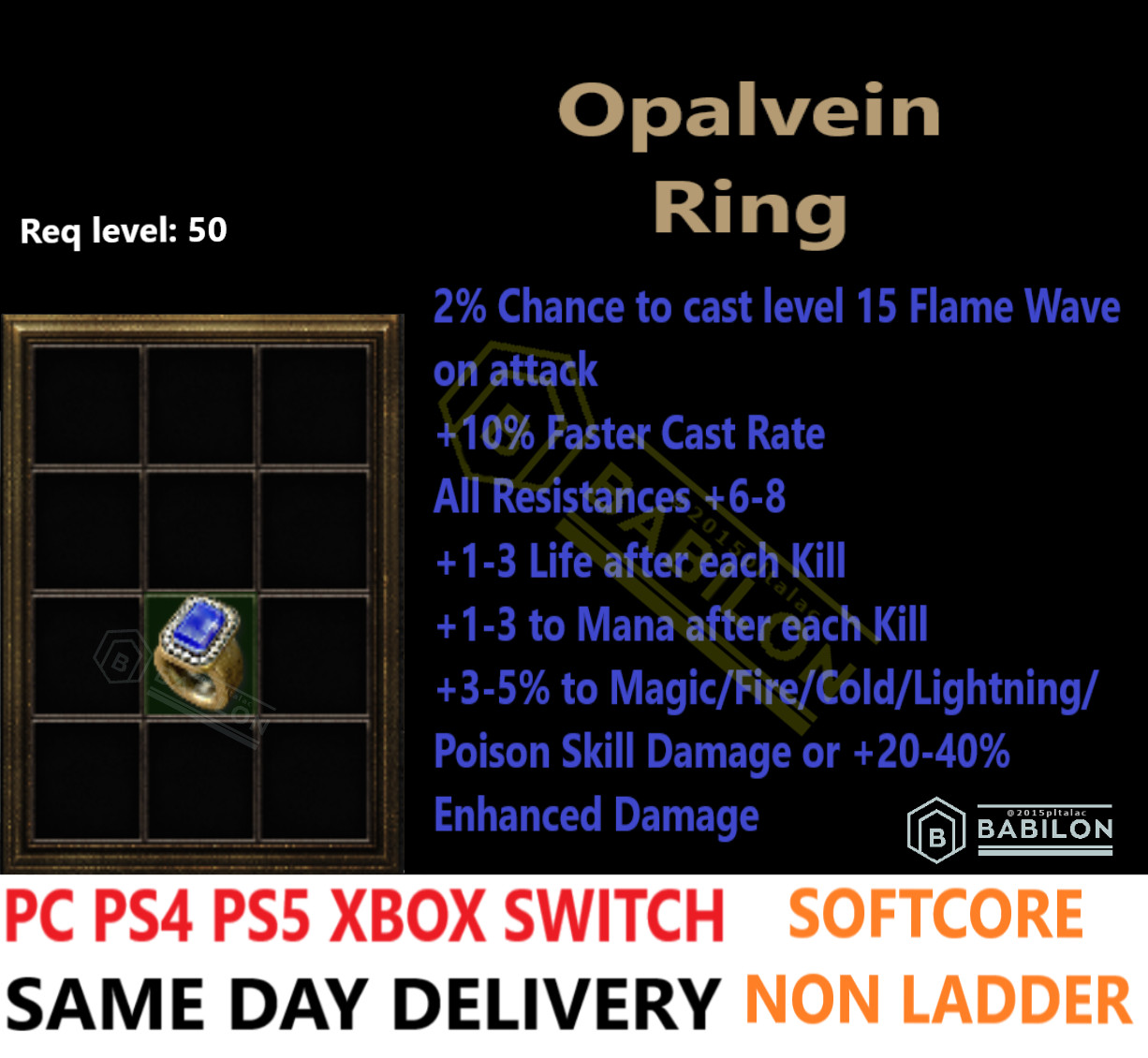 ✅PC PS4 PS5 XBOX SWITCH✅ Opalvein Ring RotW Diablo 2 Resurrected Items D2R