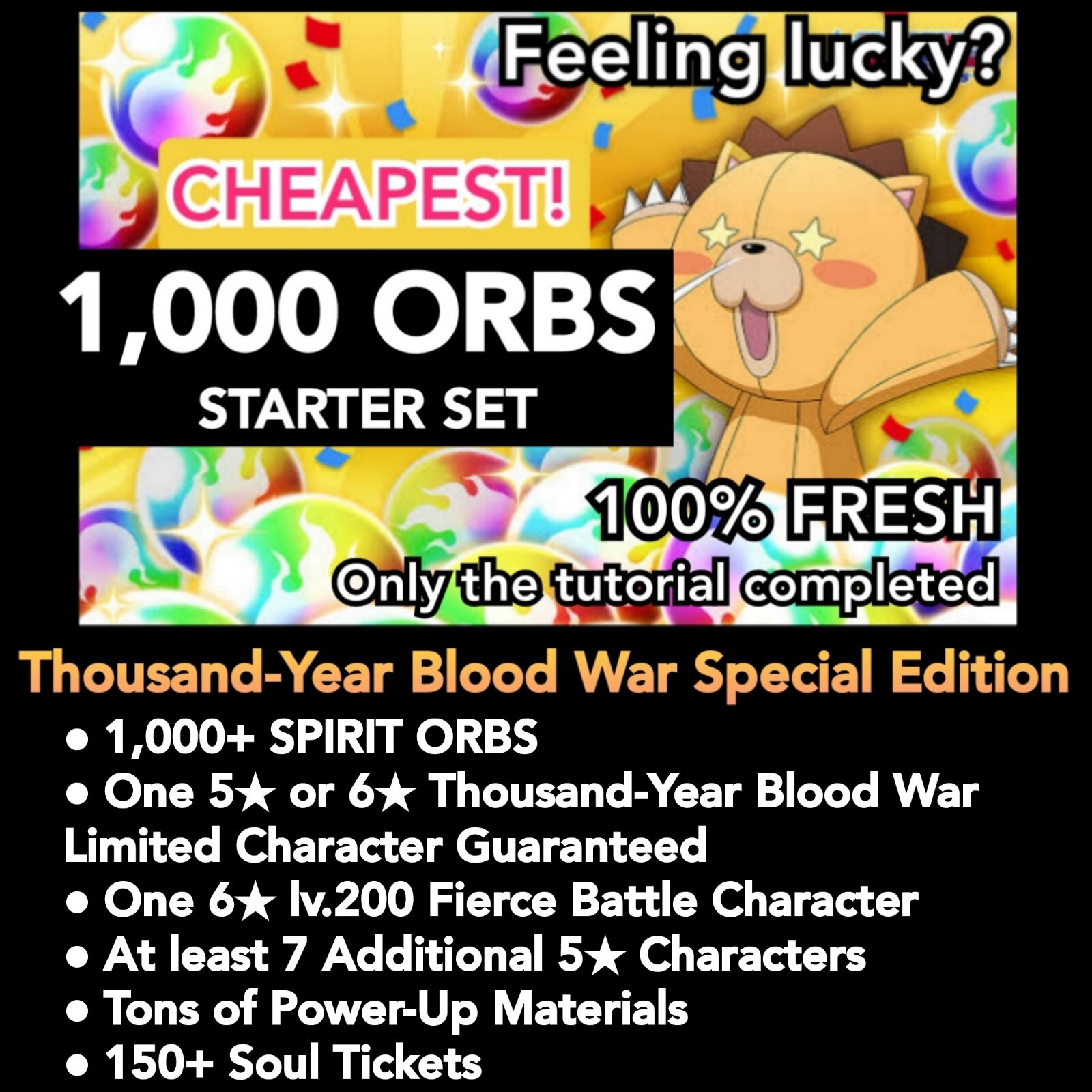 Bleach Brave Souls 1,000 SPIRIT ORBS *100% FRESH* GLOBAL STARTER SET TYBW