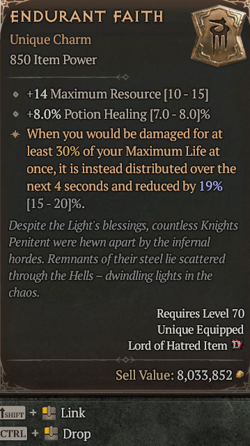 Unique Charm Endurant Faith 14 To Max Resource Diablo 4 Season 14 S14