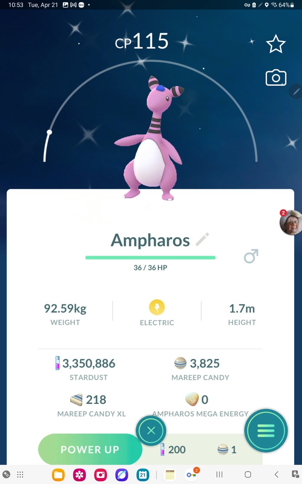 Shiny Ampharos in GO. Custom OT to Home read description