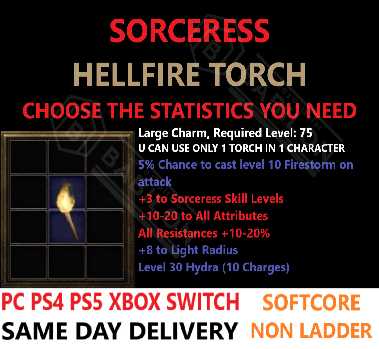 ✅PC PS4 PS5 XBOX SWITCH✅NON-LADDER Sorceress Torch Sorc Diablo 2 Resurrected D2R