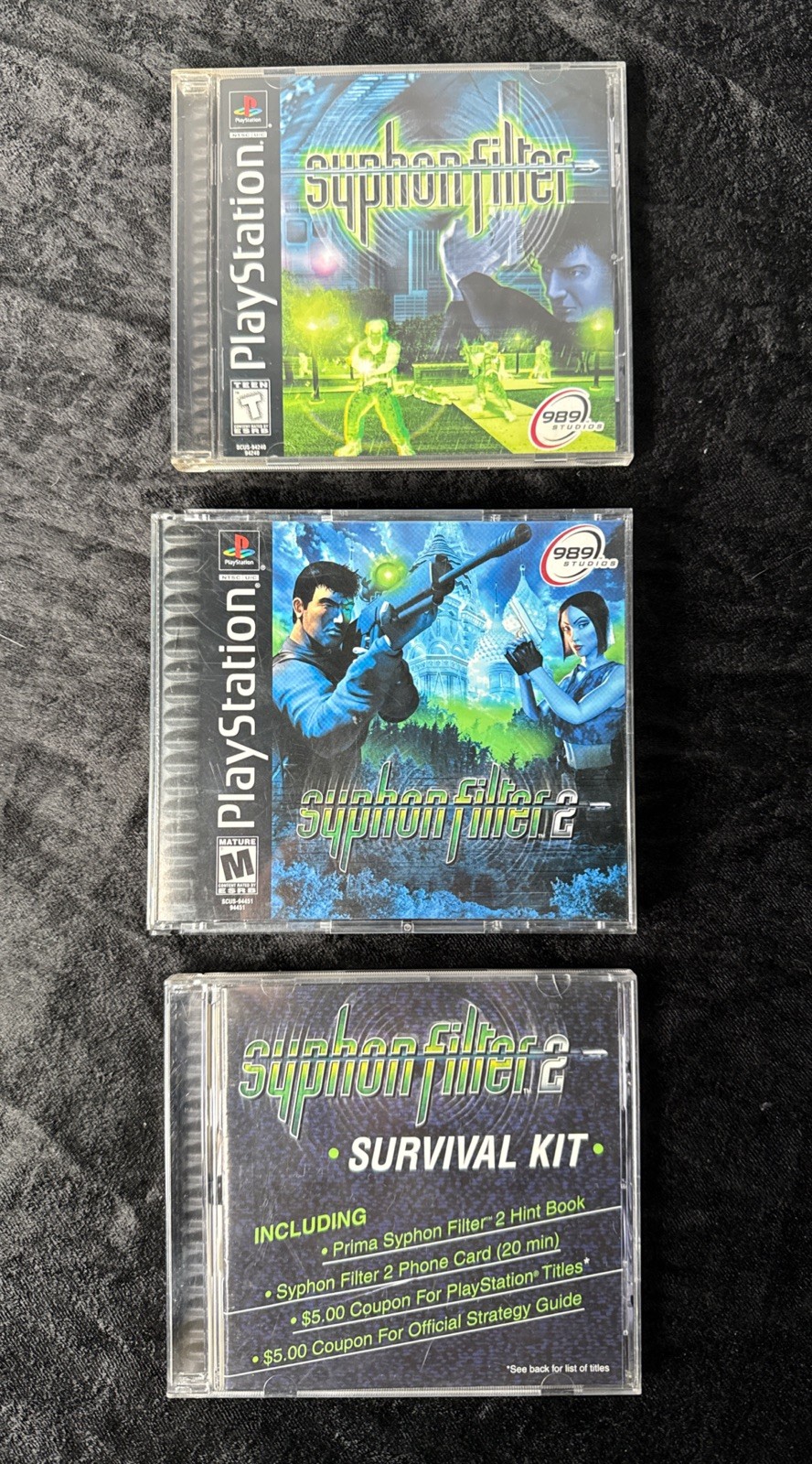 Syphon Filter 1 & 2 PS1 Bundle + Survival Kit Inserts Manual Phone Card