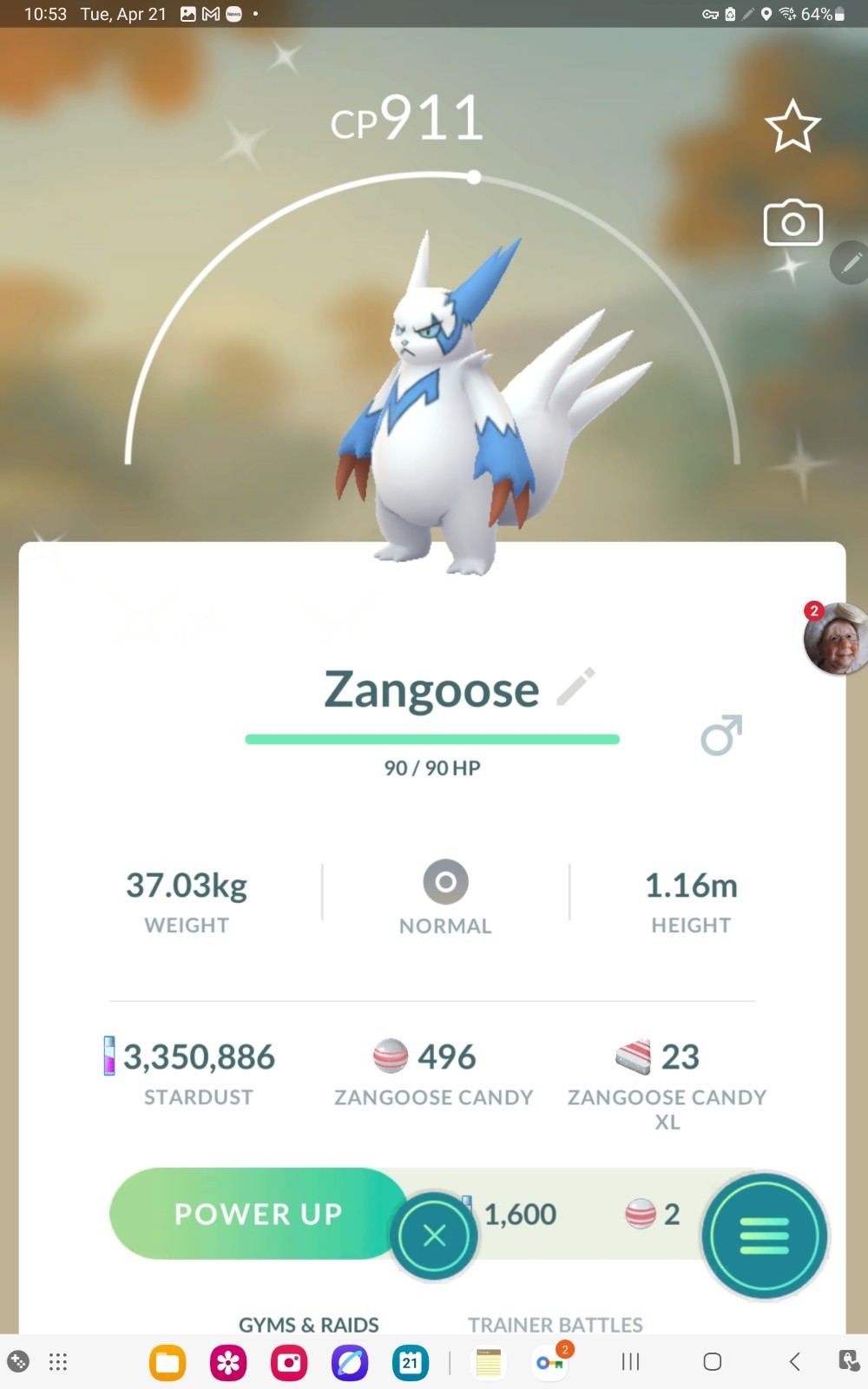 Shiny Zangoose in GO. Custom OT to Home read description