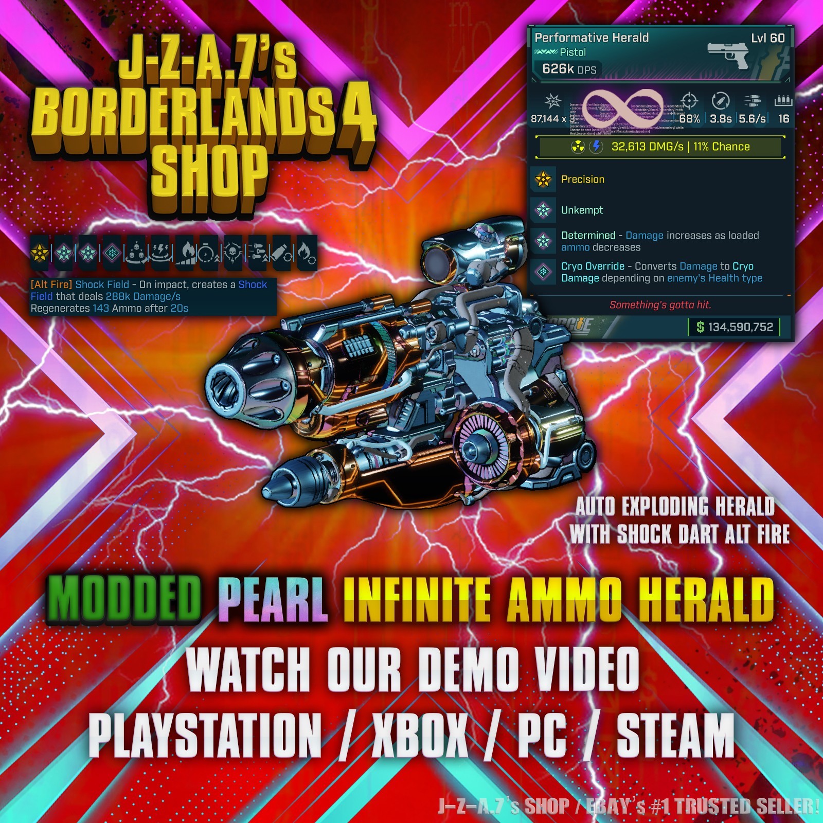 Borderlands 4✨ MODDED PEARLESCENT INFINITE AMMO HERALD PISTOL BL4 ✅PC-PS-XBOX✨
