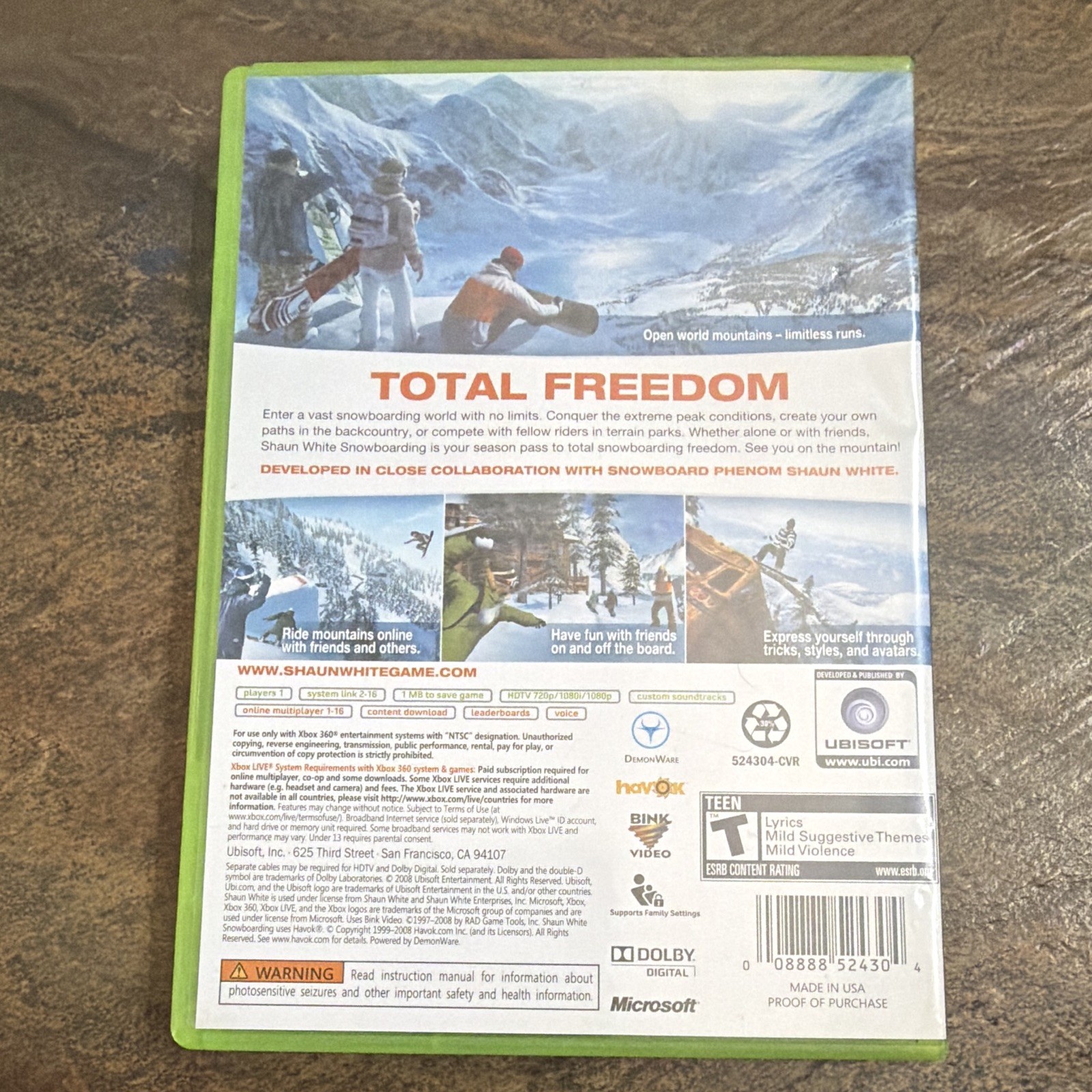 Ubisoft Shaun White Snowboarding T-Teen Multiplayer Online Xbox 360 2008