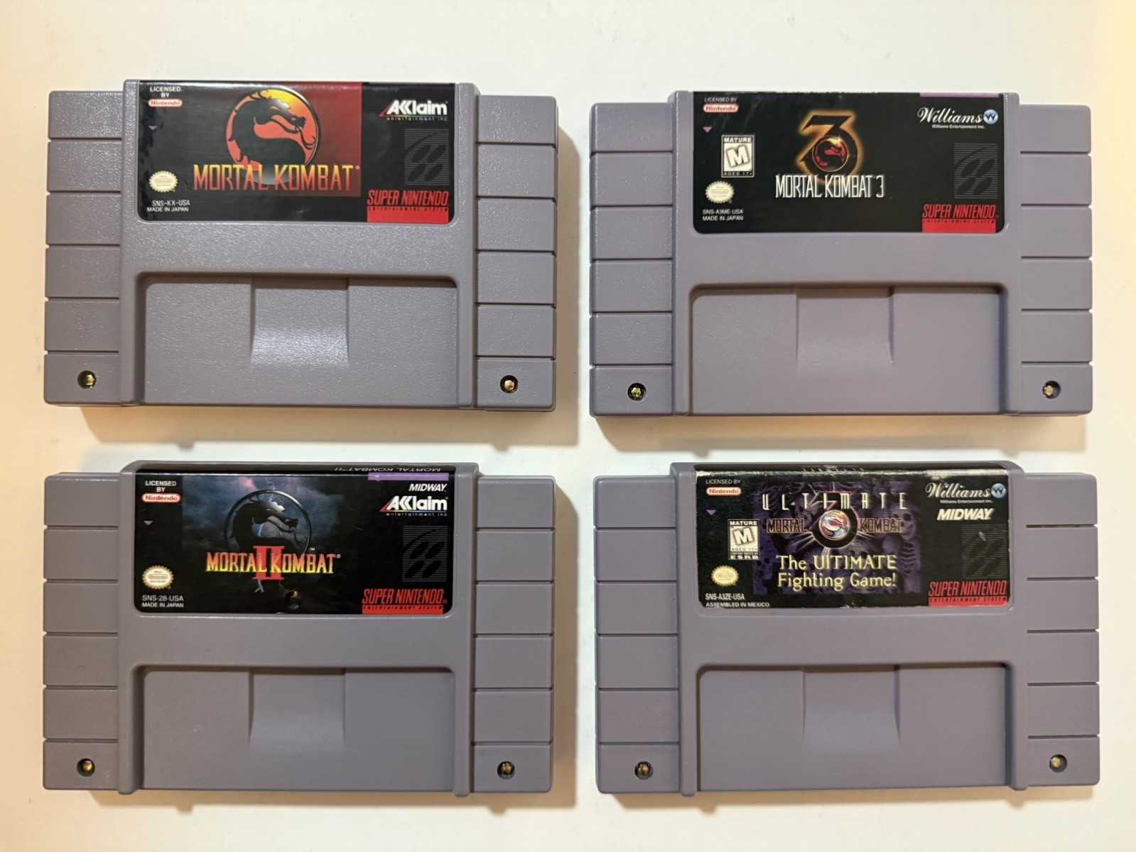 Mortal Kombat 1, 2, 3 & Ultimate Super Nintendo SNES LOT AUTHENTIC w/Dust Cover
