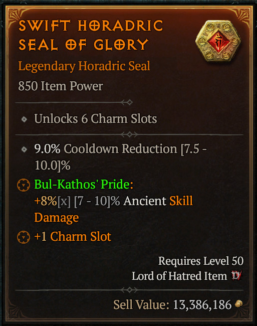 Diablo 4 🔥 Legendary Horadric Seal 🔥 6 CHARM SLOTS | Season 14