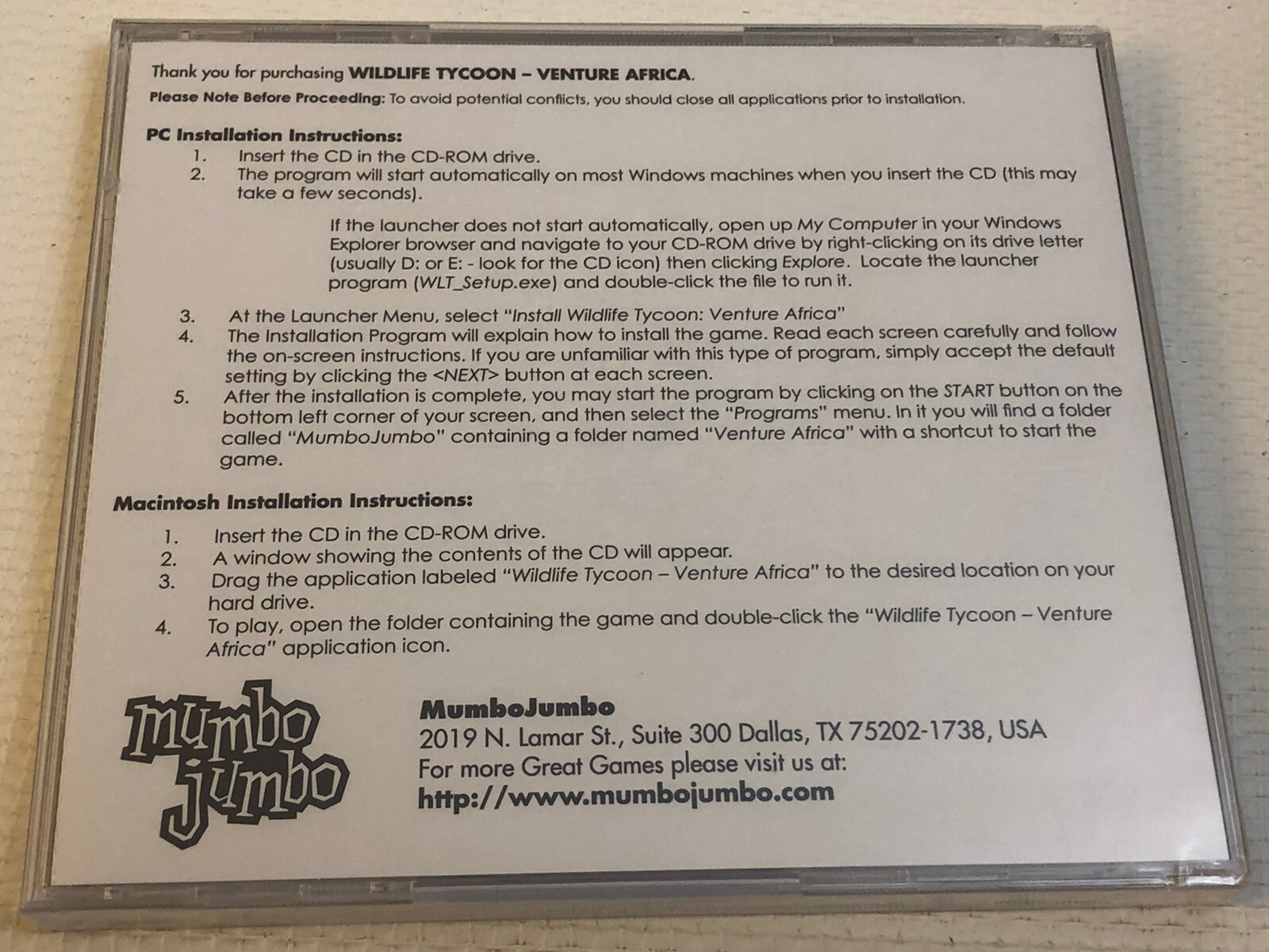 WILDLIFE TYCOON VENTURE AFRICA Sim Pocket watch Mumbo Jumbo PC Win MAC XP CDROM