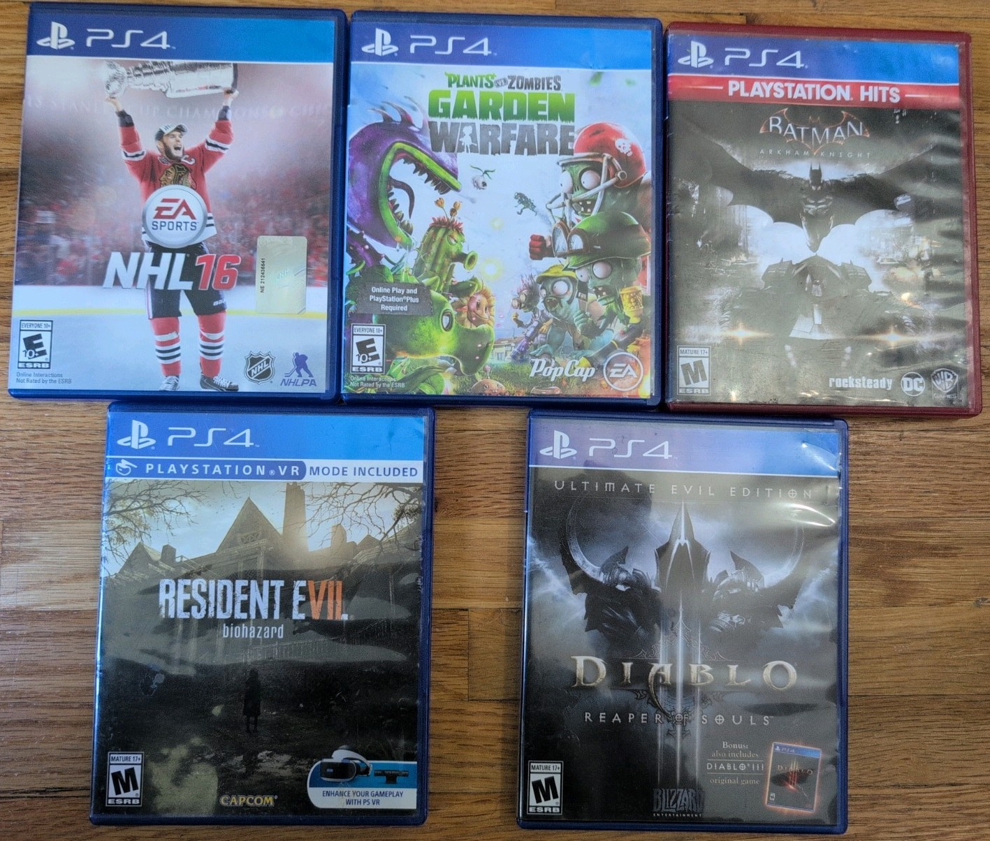 5 Ps4 Game Bundle, NHL 16, PVZ: GWF, Diablo 3, RE: Biohazard, & BM: Ark KN.