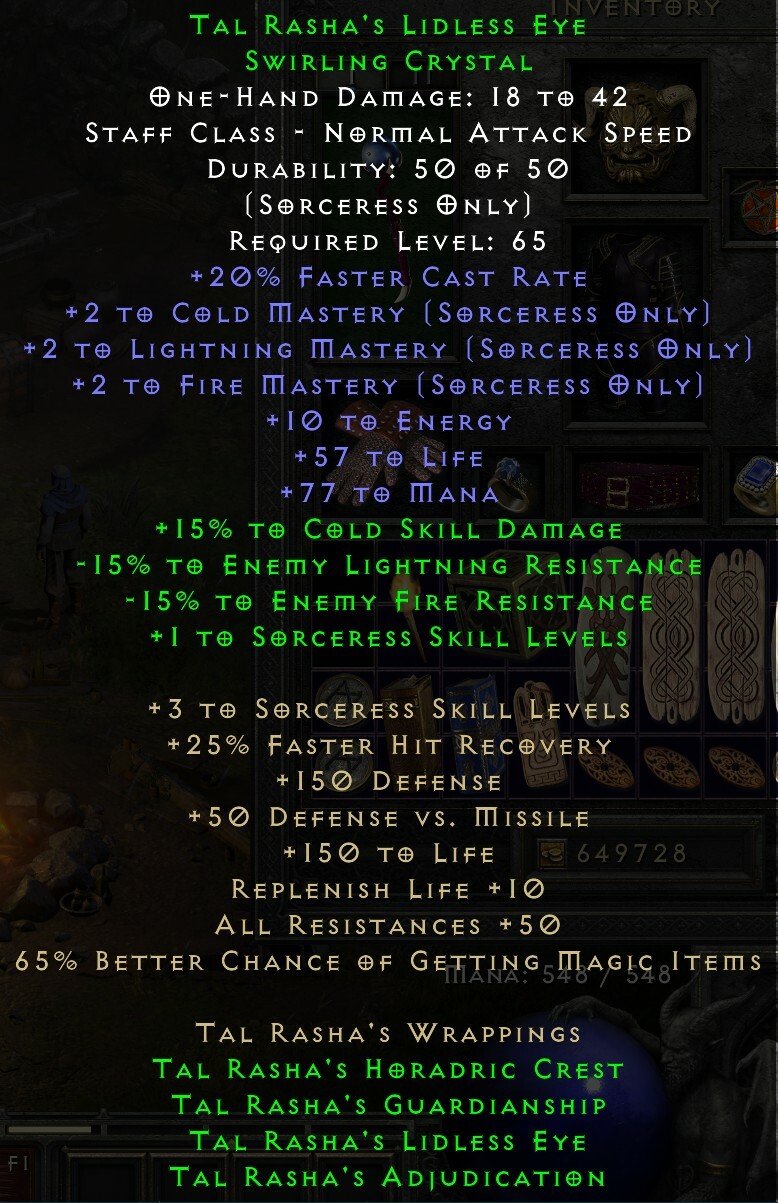 Diablo 2: Res Sorc Bundle Tal Rasha Set + Stone of Jordan + Zod Rune + MORE!