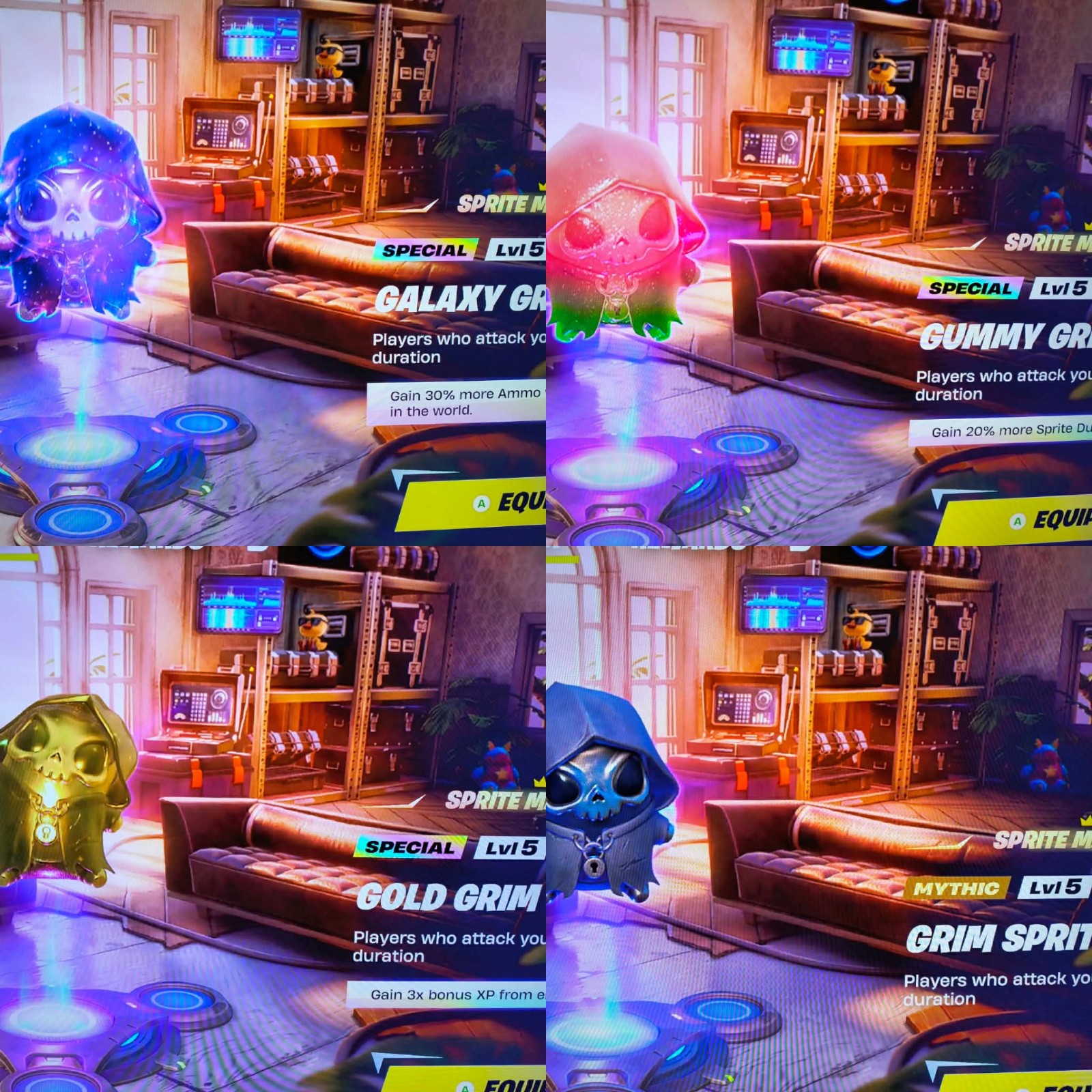 Fortnite- Grim Spirit level 5 pack (Galaxy, Gummy, Regular, Gold)