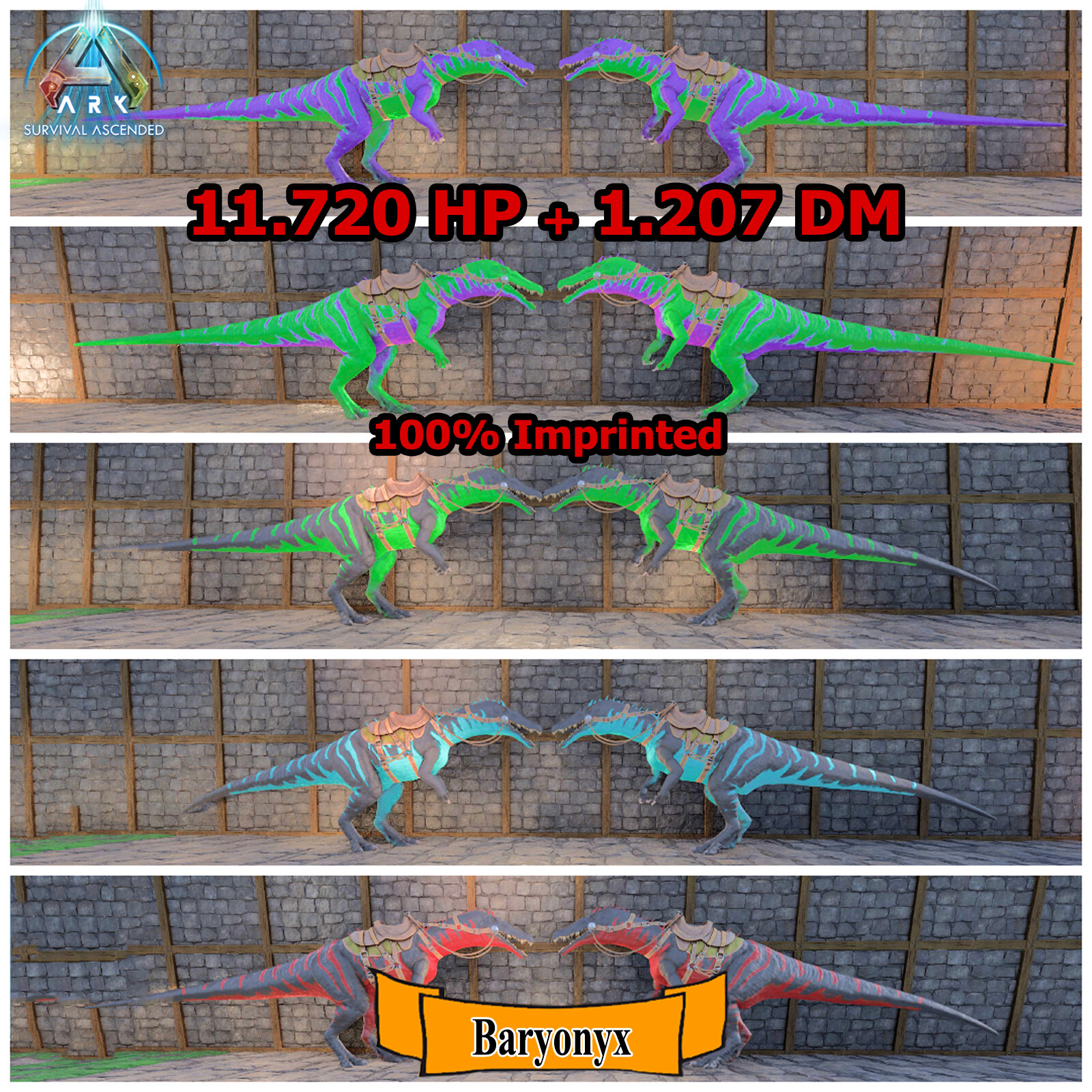 Ark Survival Ascended PC/PS5/XBOX – PVE – BARYONYX COLORED PAIR M+F [TOP STATS]
