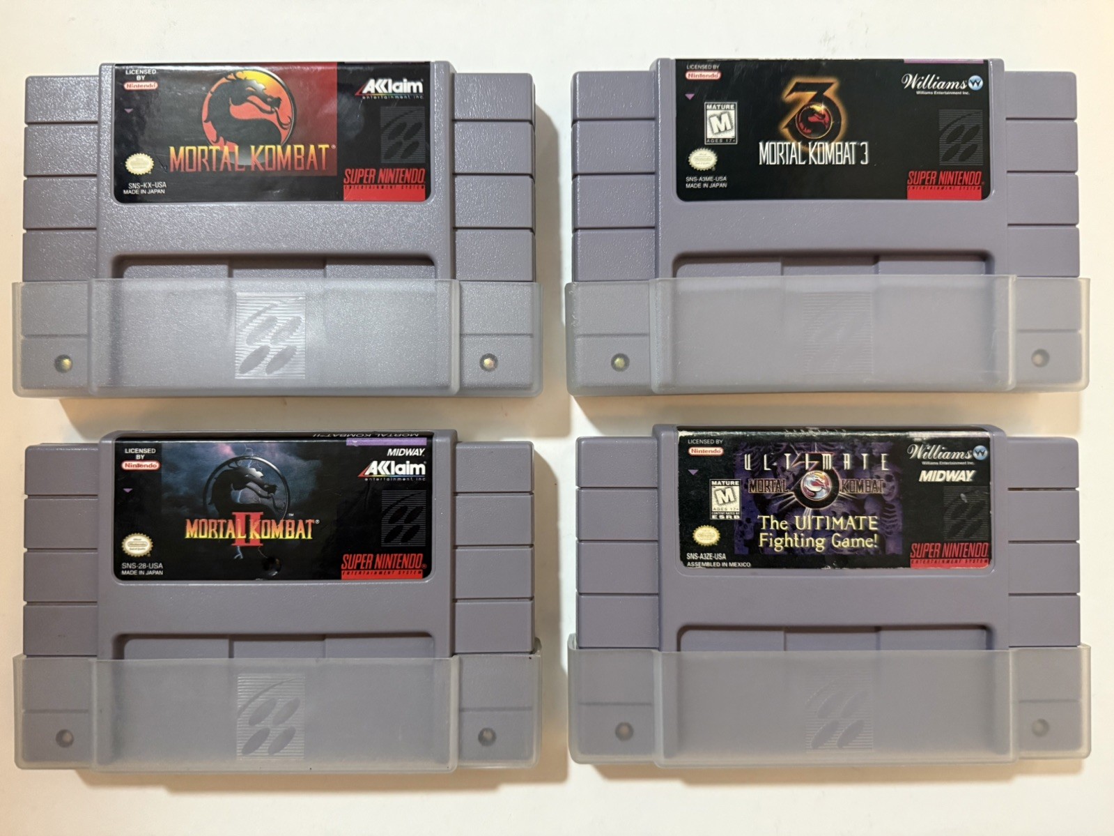 Mortal Kombat 1, 2, 3 & Ultimate Super Nintendo SNES LOT AUTHENTIC w/Dust Cover
