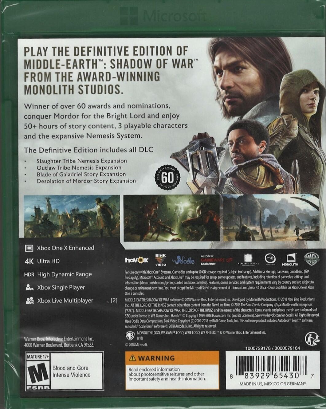 Middle-Earth: Shadow of War Definitive Edition Xbox One (Brand New Factory Seale