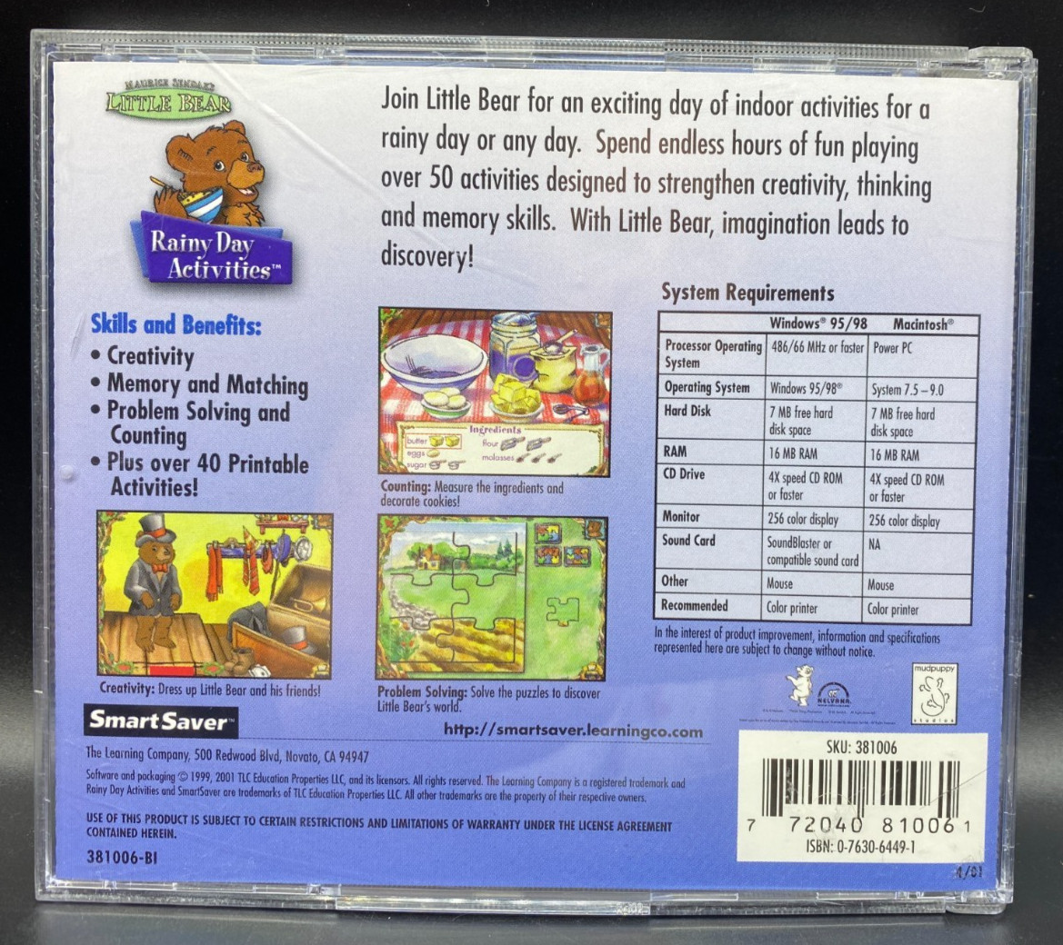 Little Bear Rainy Day Activities (PC CD, 2001) CIB Complete in Case RARE HTF