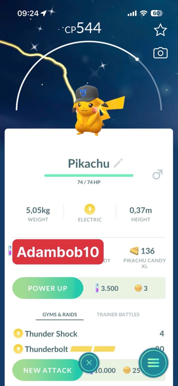 Pokémon Go – Shiny Pikachu wearing a Team Mystic hat – Trade 20K Stardust