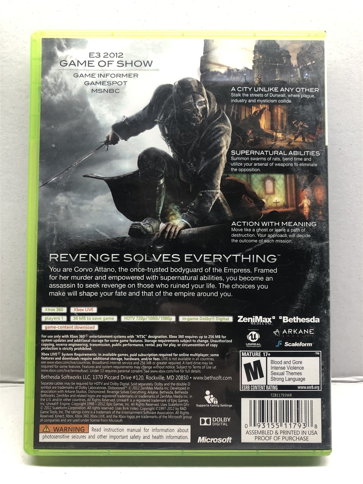 Dishonored (Microsoft Xbox 360, 2012) Complete w/ Manual – Tested Working