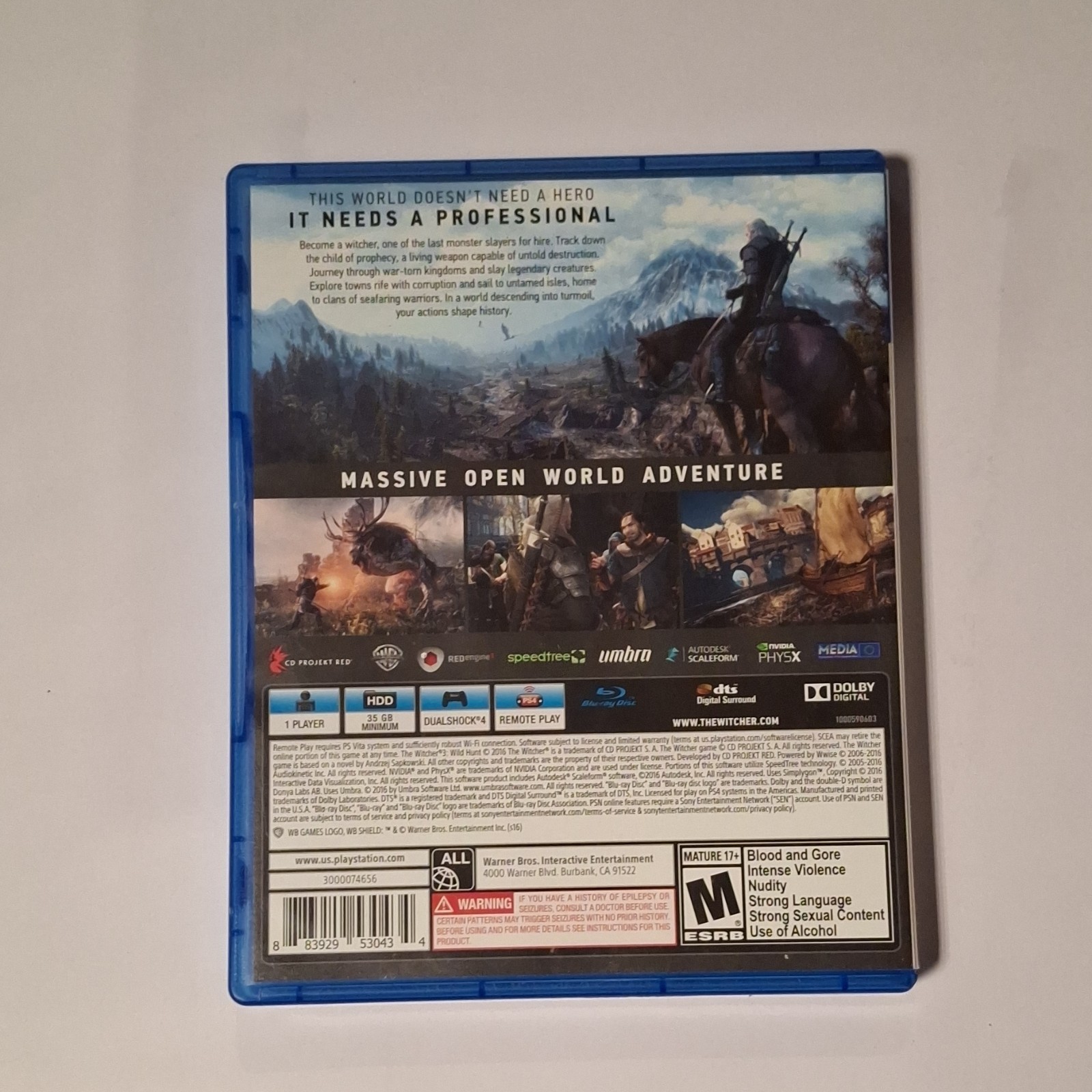 CD Projekt Red The Witcher 3: Wild Hunt PS4 w/ Manual, Map, Action RPG, M, 2015