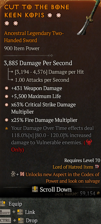 Diablo 4 S13 4GA Sword . Weapon Dmg .Max Life. Critical Dmg. Fire Dmg