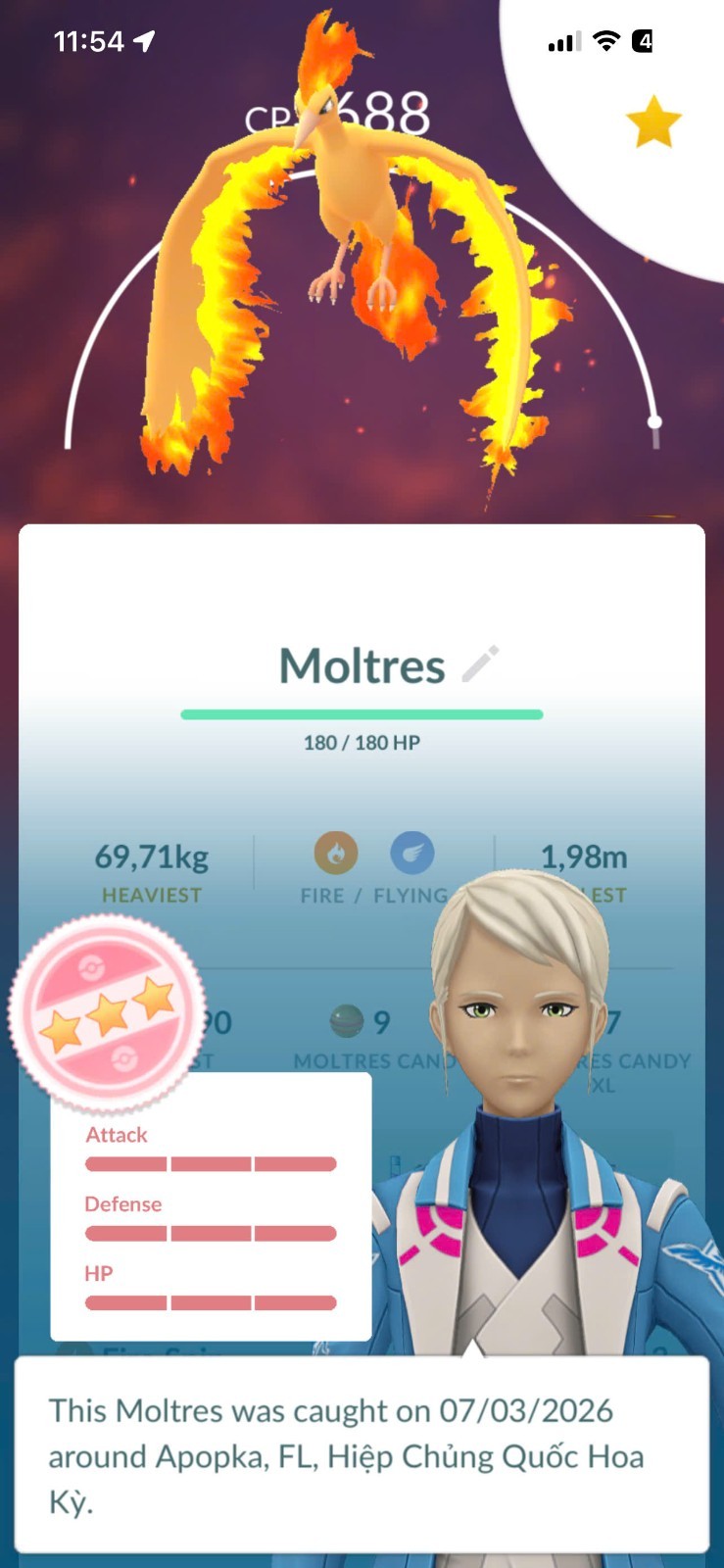 PoGo ✨ PTC A.C.C Hundo Moltres ✨LvL70 & Master Ball