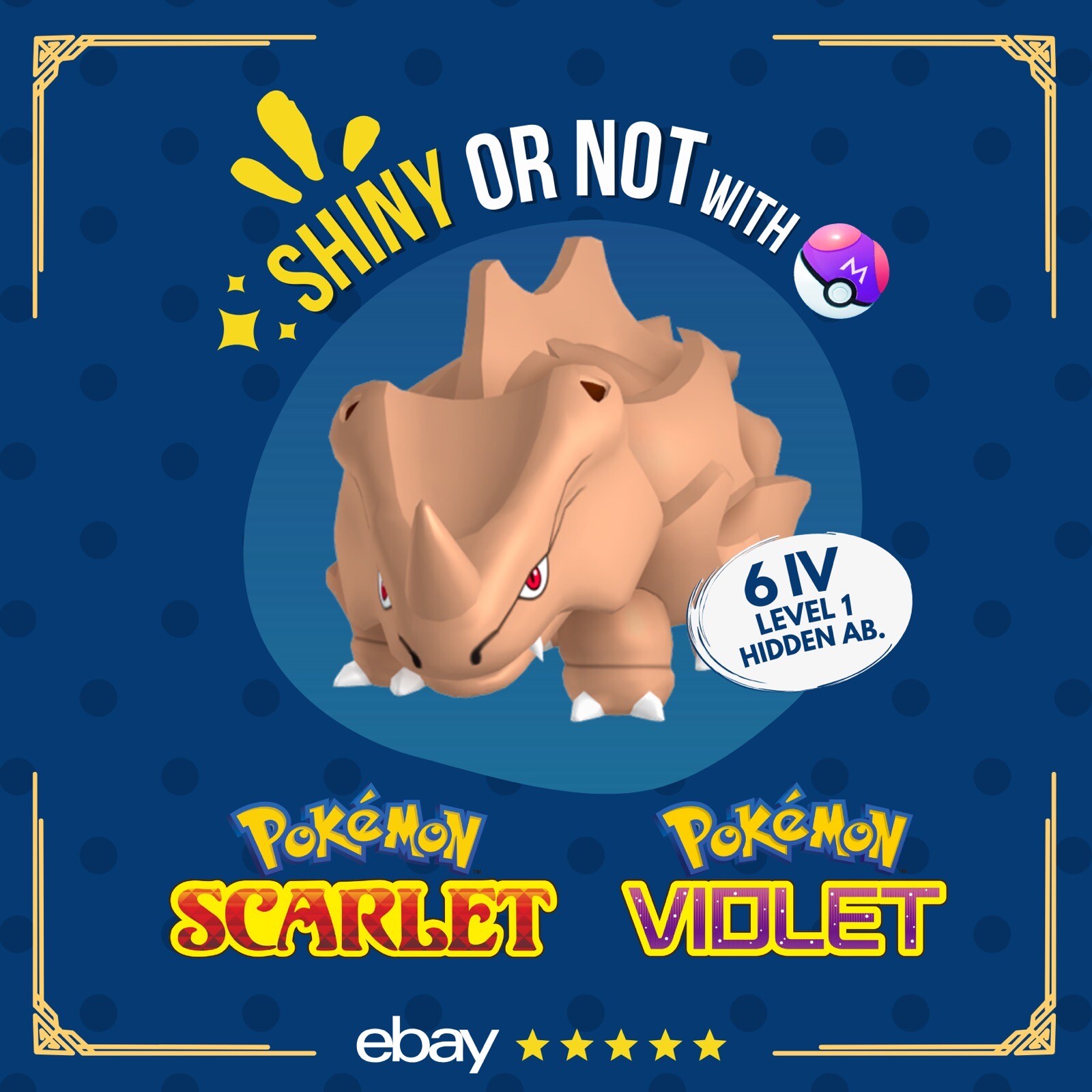 Rhyhorn Shiny or Non ✨ 6 IV Customizable Nature Level OT Pokémon Scarlet Violet