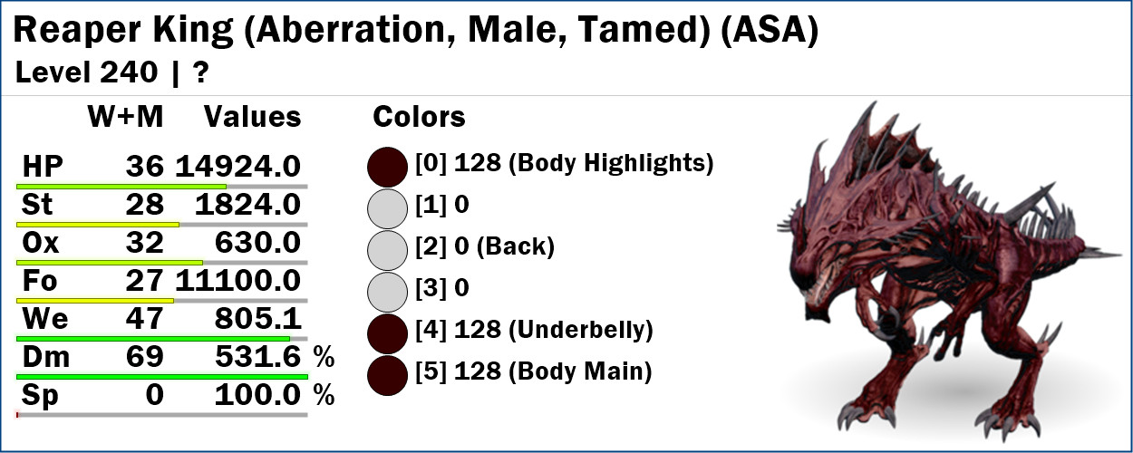 Ark Survival Ascended-Reaper King-Dino-Level 240-Colors-PC/XBOX/PS5 PvE ASA