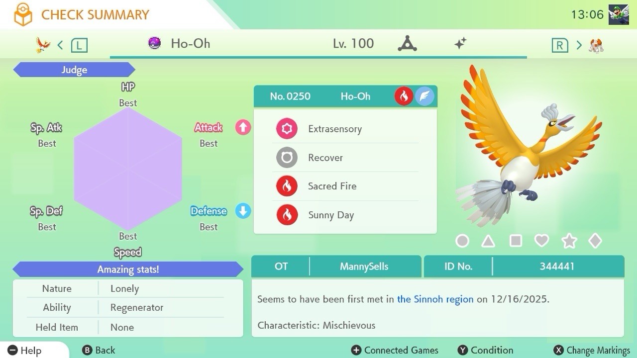 BDSP Caught Legendaries Shiny/Non Shiny, 6IV, Level 100, EVs 6HP 252ATK 252SPE