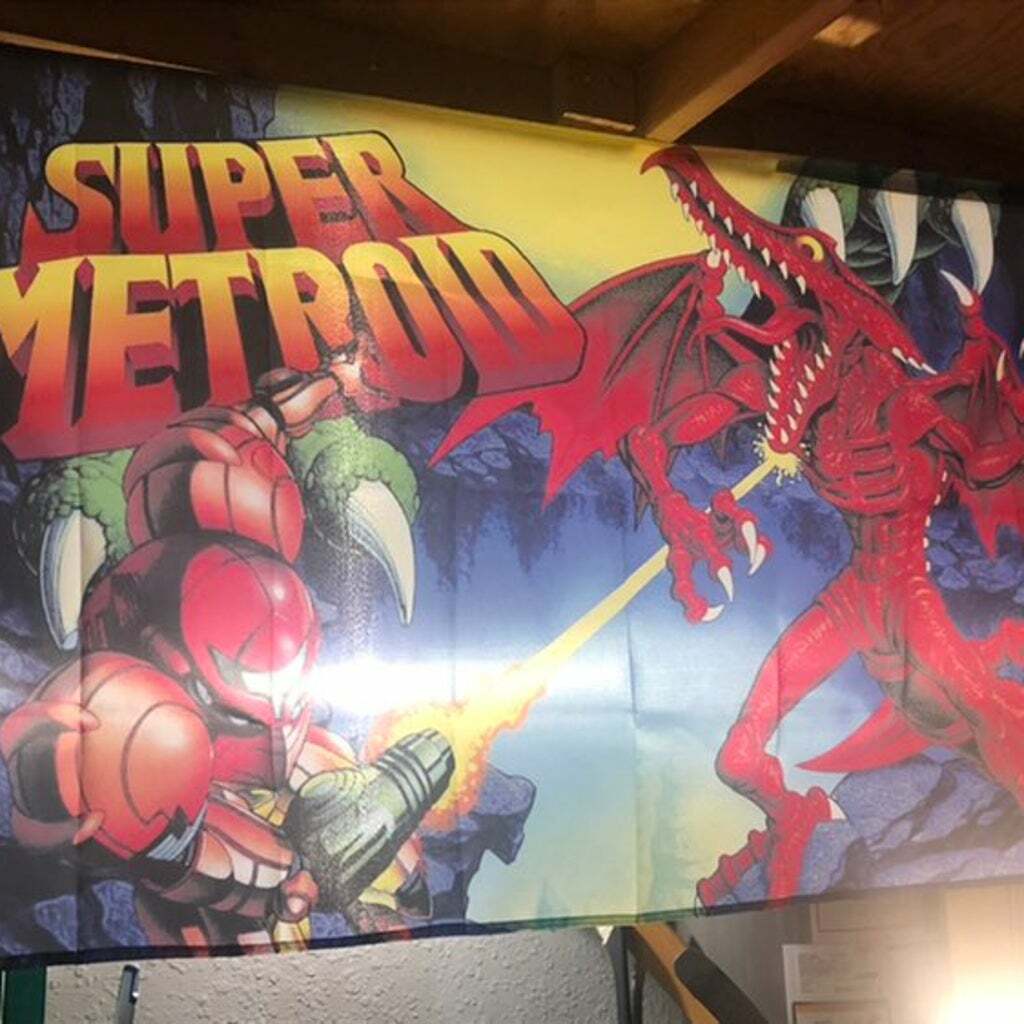 Super Metroid Nintendo SNES Boxart 5′ Samus Flag Banner Poster