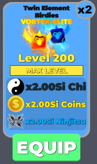 ROBLOX Ninja Legends 2x Level 200 VORTEX ELITE Twin Element Birdies Pets