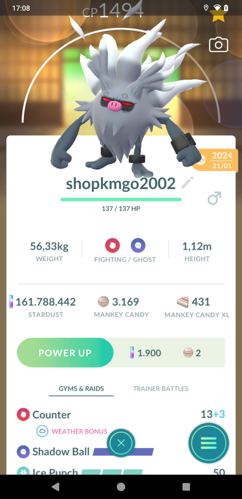 Pokémon Non Shiny Annihilape CP Under 1500 -3moves