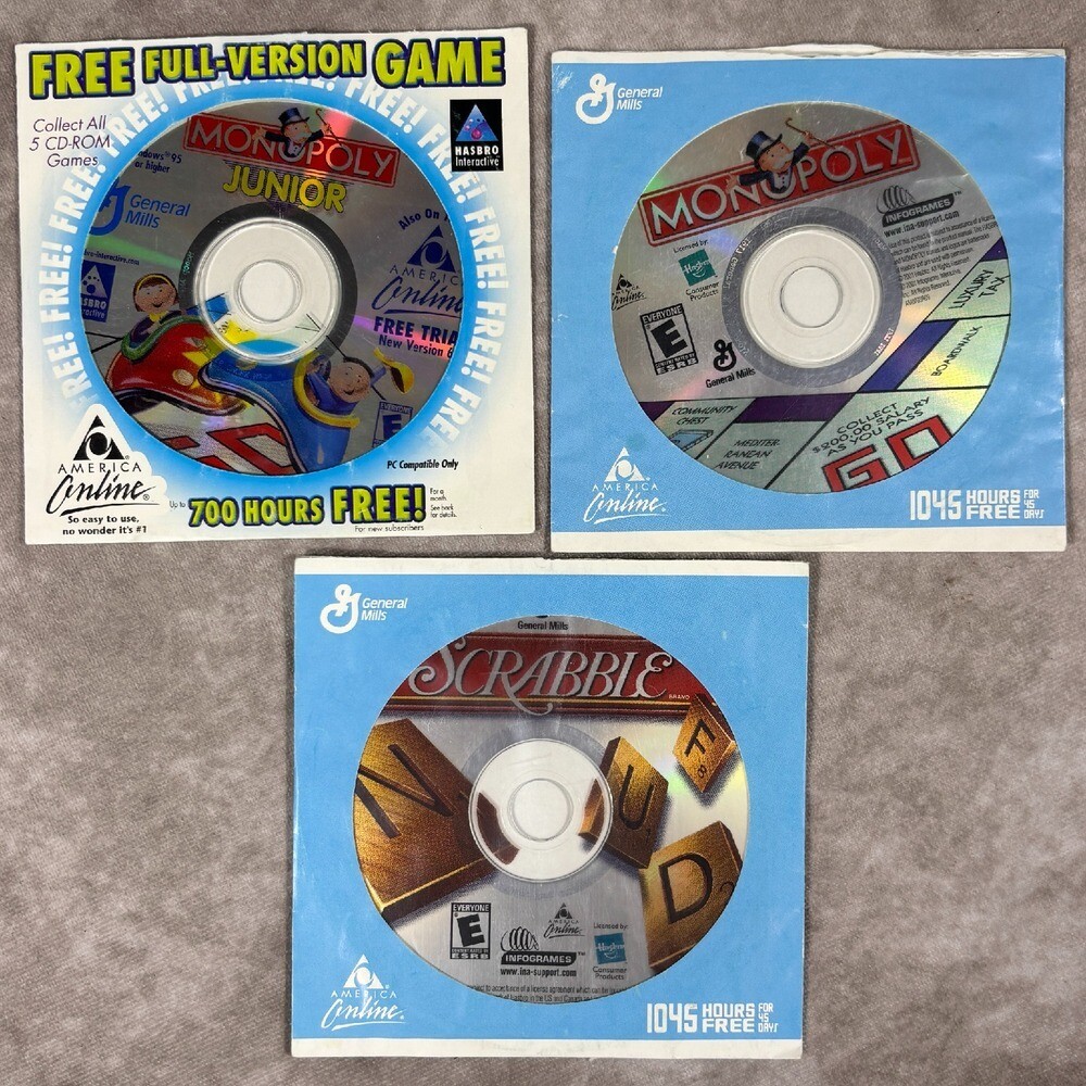 General Mills PC Games Lot Monopoly Junior Scrabble AOL Free Trial Vintage