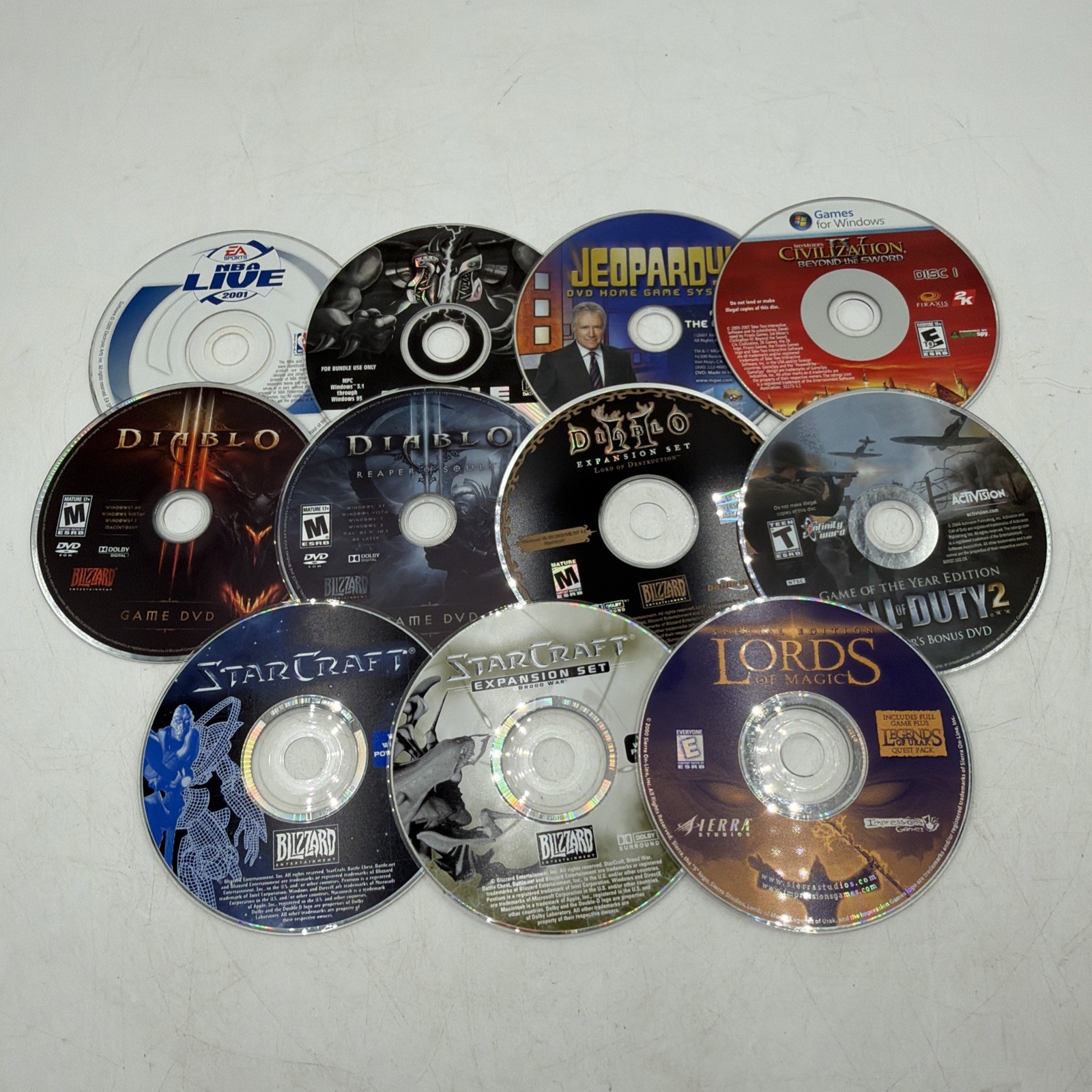 PC Game Lot of 11 Discs Untested Diablo, StarCraft, Call Of Duty, Jeopardy, NBA