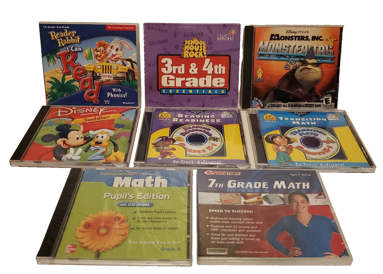 Vintage Educational PC CD-ROM Game Lot 8 Disney School Zone Reader Rabbit Math