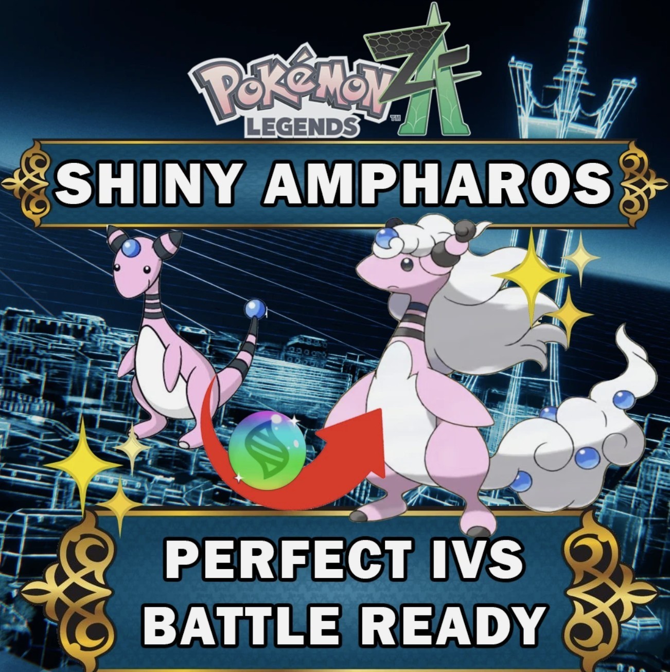POKEMON LEGENDS ZA Z-A 6IV SHINY MEGA AMPHAROS EV TRAINED