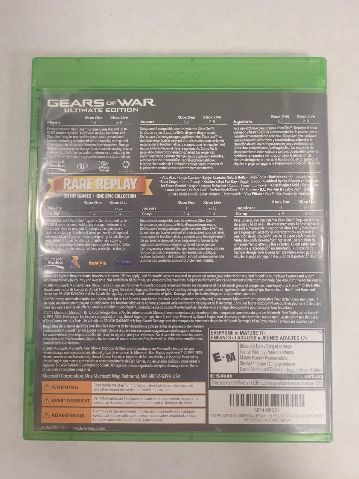 Gears of War: Ultimate Edition – Rare Replay Two Disc USED TESTED and WORKING