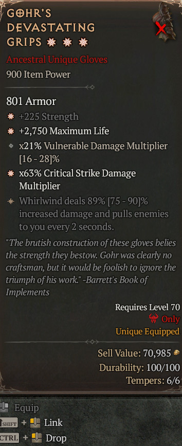 3GA Gohr’s Devastating Grips Special affix High roll 89% Diablo 4 Season 13 S13