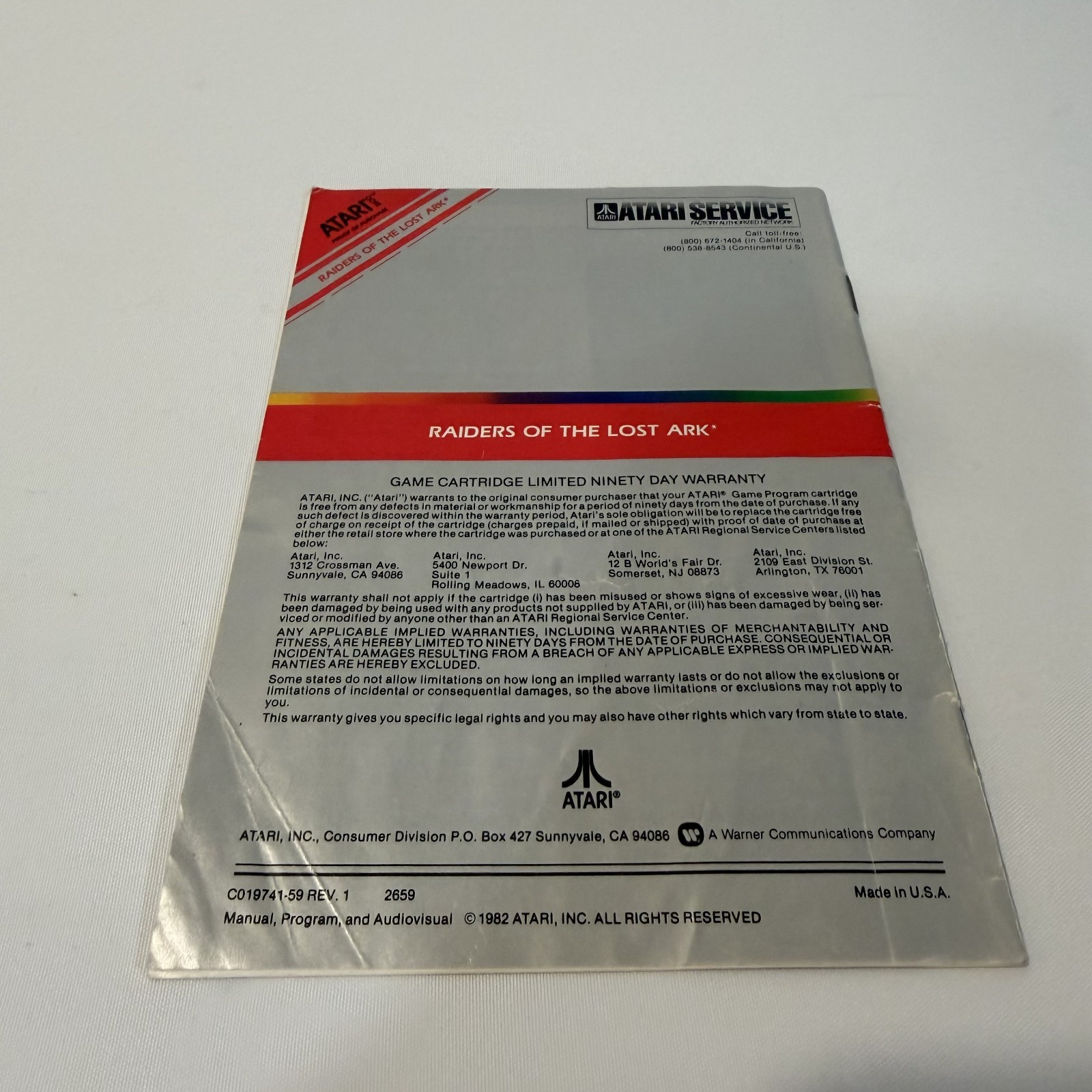Raiders of the Lost Ark Atari 2600 Atari Adventure Action Retro Cartridge Manual