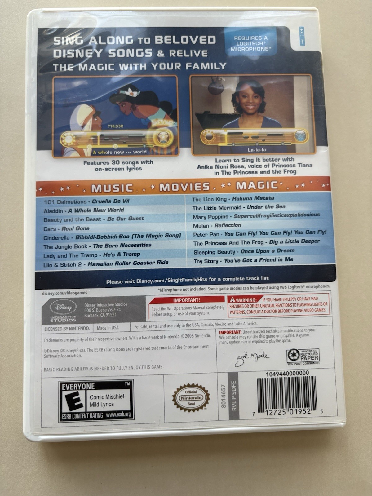 Disney Sing It: Family Hits Nintendo Wii 2010 Multiplayer Karaoke Manual