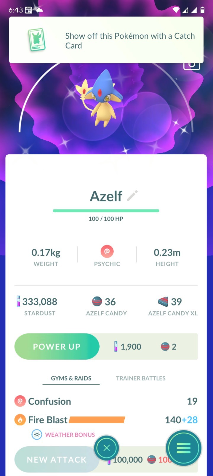 Pokémon Shiny Azelf GO instant trade 20k stardust registered only